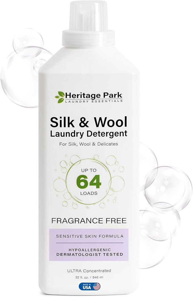 Heritage Park Silk & Wool Delicates Detergent - Fragrance Free - 32 fl oz | EWG Verified & EPA Safer Choice - Enzyme-Free Liquid Detergent - Hypoallergenic, Dermatologist Tested, Gentle on Silk & Wool