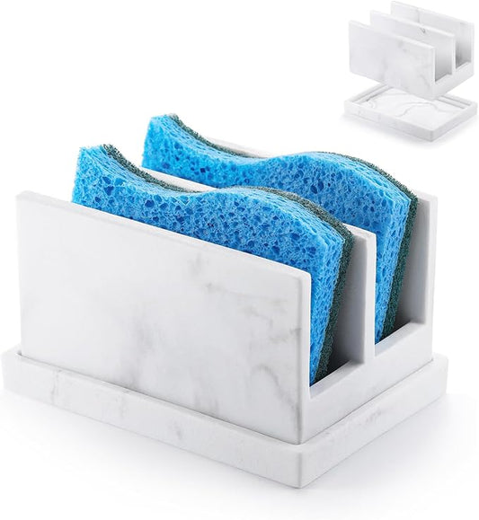Luxspire Kitchen Sponge Holder, Dish Sponge Holder with with Drain Tray, Marble Sponge Holder for Kitchen Sink, Kitchen Sink Caddy 2 Compartments, Gravel White