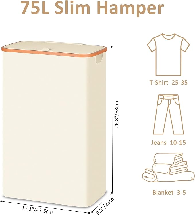Vincona Slim Laundry Basket with Lid, Narrow Dirty Clothes Hampers for Laundry with Handle, Skinny Laundry Bin for Laundry Room, Dorm, Bedroom and Bathroom, 19.8 Gallon (75L) Beige