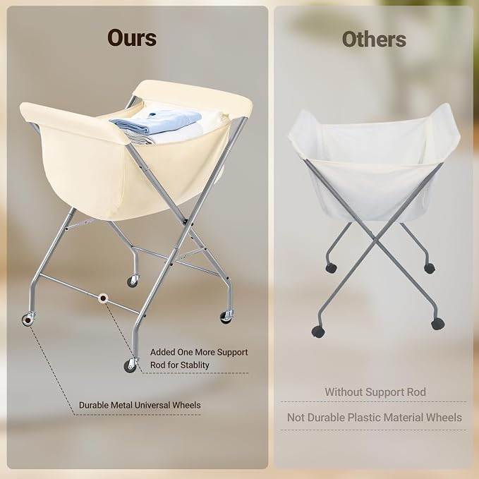 ELYKEN Laundry Basket with Wheels, Collapsible Laundry Hamper, Cream | Removable Liner Bag, Foldable Design, 118L Capacity, Sturdy Metal Frame, 4 Casters, Laundry Cart for Bedroom, Laundry Room