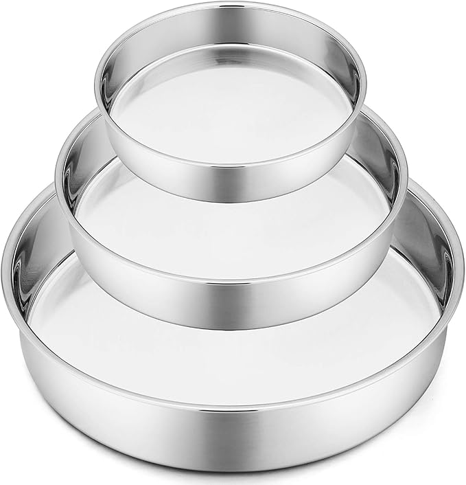 P&P CHEF Cake Pan Set of 3, 8" + 9.5" + 11" Round Baking Layer Tier Cake Pans Tins, Stainless Steel Bakeware for Birthday Weeding, Heavy Duty & Non Toxic, Mirror Finish & Dishwasher Safe