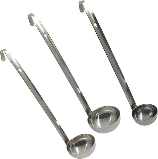 Hitefu 3 Pcs Stainless Steel Soup Ladle Set with Pouring Rim & Long Hooked Handles for Cooking, Serving Soup, Sauce, Stews (3 oz)