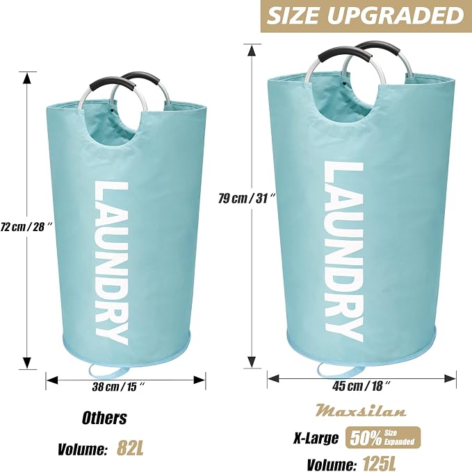 Maxsilan 125L X-Large Laundry Basket Bag, Collapsible Hamper, Light Blue | Freestanding tall laundry bag & foldable washing basket. Large capacity clothes storage bin with durable sturdy handles