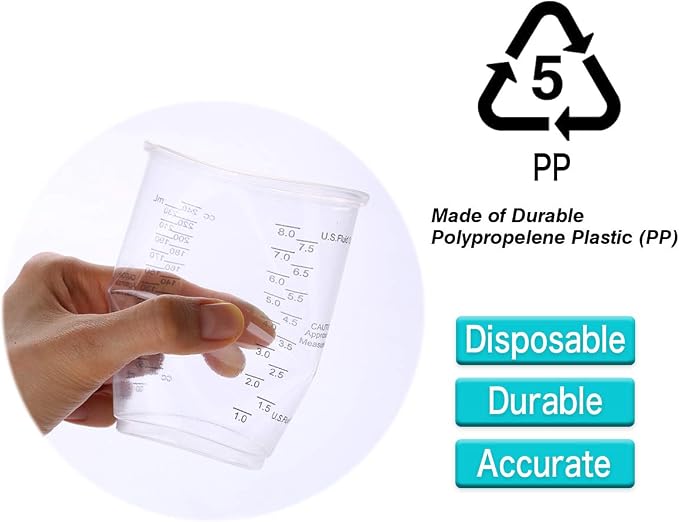 XUXU 50pcs 8oz Graduated Clear Plastic Measuring Cups with Wooden Stirring Sticks for Mixing Paint, Pigments, Epoxy Resins, Resins