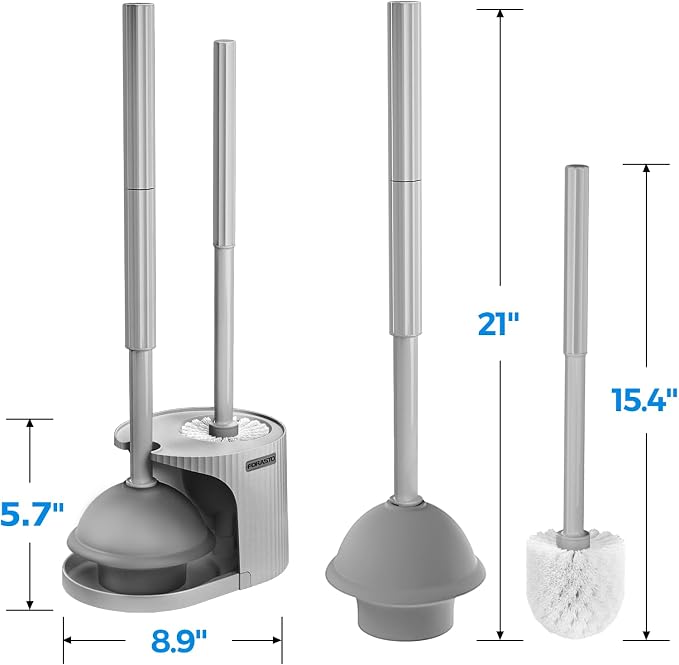 FORASTO 2Pack 2 in 1 Toilet Brush and Plunger Set, Extended Handle Plunger，Toilet Bowl Brush Plunger Set,Bathroom Cleaning Tools ，Toilet Brush Plunger Combo，Cleaning Brush，Cleaning Supplies（Dark Grey）