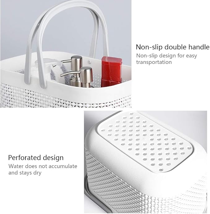 Plastic Protable Shower Caddy Basket, Storage Organizer, White, 2 Pack | Bottom Drain Holes, Keep Dry, Sturdy and Durable, Easy to Carry for Bathroom, Kitchen, Dorm Room, RV, College