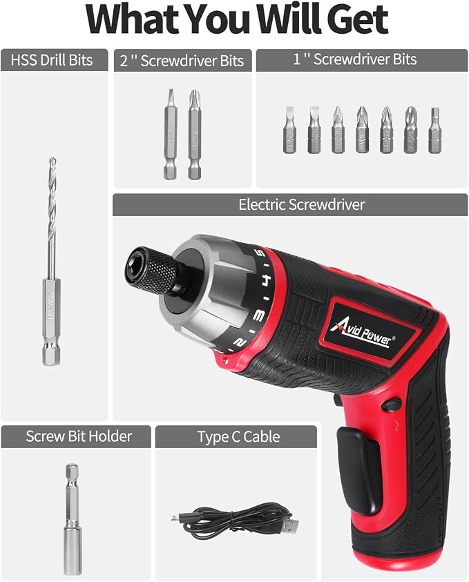 AVID POWER 4V Electric Cordless Screwdriver Set 5.65Nm 11 Bits - RED | 5.65Nm, 5+1 Torque Settings, 2-Position Handle, 11 Accessories, LED Light, for Precision Assembly & Furniture Installation