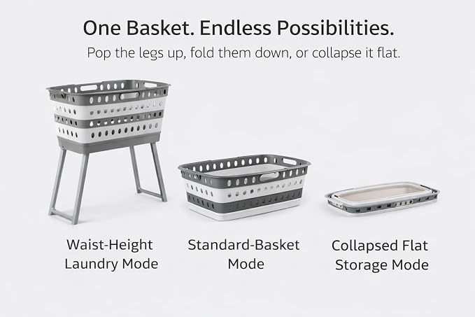 Spark Innovators No Bend Basket, Collapsible Laundry Basket with Legs | Foldable Plastic Laundry Hamper, Durable & Lightweight, Space-Saving Clothes Basket, Ideal for Dorms, Apartments & RVs