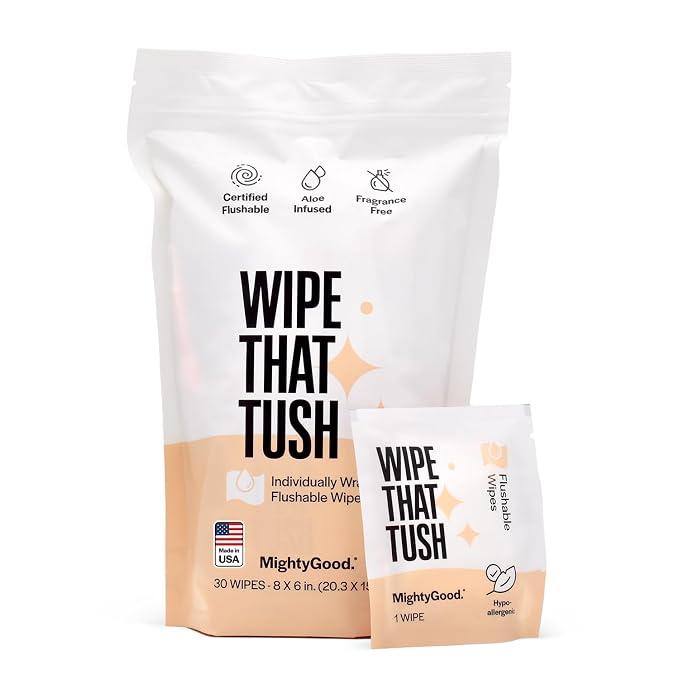 Wipe That Tush On-The-Go Flushable Wipes - 1 Packs of 30 Individually Wrapped Travel Wipes - Fragrance Free & Hypoallergenic - Extra Large & Soft - Aloe & Vitamin E - Septic-Safe - Travel Essentials