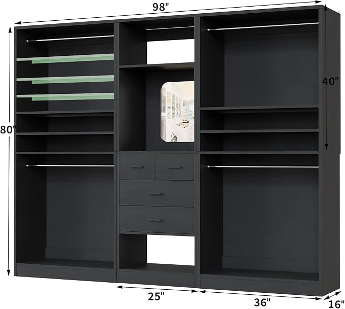 Unikito 98” Closet System with Mirror & 4 Drawers, 8.2FT Heavy Duty Wood Closet Organizer with 4 Hanging Rods, Large Walk-in Wardrobe Garment Rack with Adjustable Shelves, Black