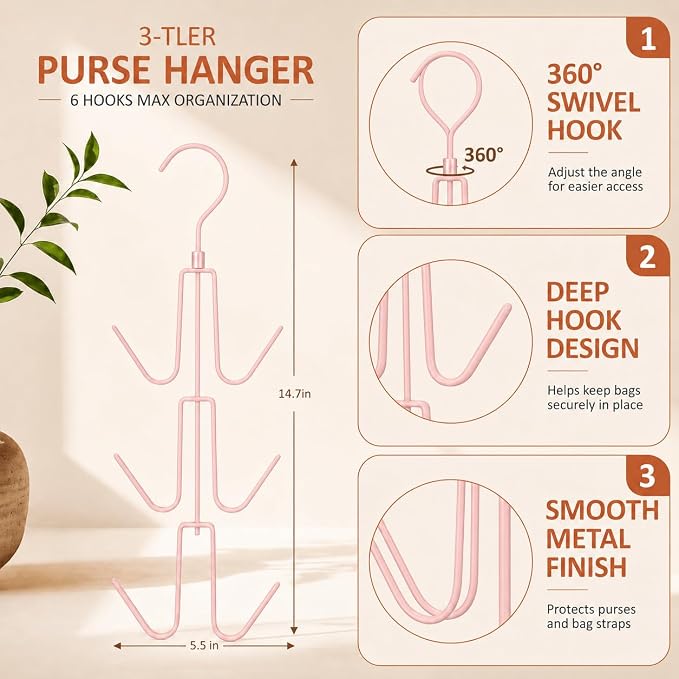 ZEDODIER Purse Organizer for Closet, Heavy-Duty Hanging Purse Hanger Closet Holds Up to 6 Purses, Metal Rotating Space Saving Bag Holder Handbag Storage Hook Backpack Rack, Pink
