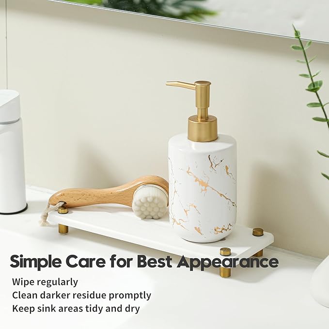 Razborci Water Absorbing Stone Sink Caddy Kitchen Sink Organizer Tray, Diatomite Bathroom Counter Tray, Gold Faucet Drying Mat Coaster Soap Dish Rack Riser Dispenser Sponge Holder, White 10" x 4"