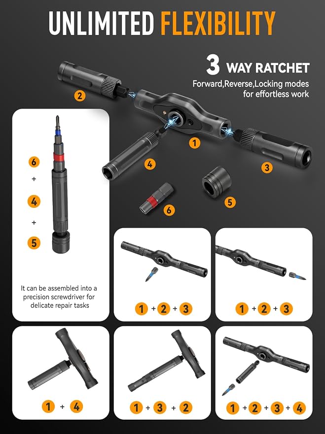 DISEN 68PC Ratcheting Screwdriver Set T-Handle 42 Bits S2 Steel | 58-Tooth ratchet | Magnetic pickup & pad | T-handle grip |For laptop, PC, game console, furniture, bike| Storage case