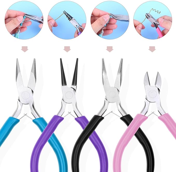 Anezus 4Pcs Jewelry Pliers Tool Set Includes Needle Nose Pliers, Round Nose Pliers, Wire Cutters and Bent Nose Pliers for Jewelry Beading Repair Making Supplies