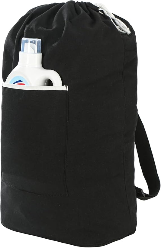 Canvas Laundry Bag, Laundry Backpack, Black, X-Large | Washable Laundry Collector,Thick Woven Adjustable Shoulder Straps,Large Front Pocket,Drawstring Closure,for College,Camping
