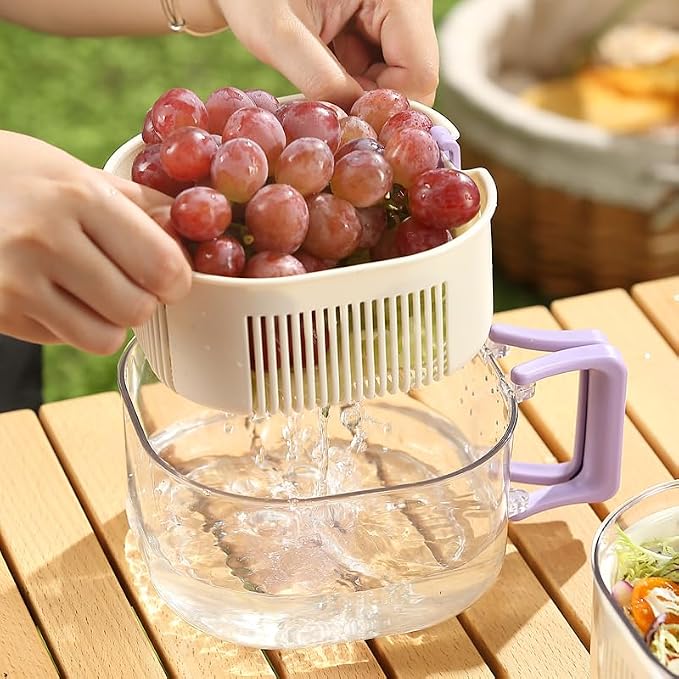 Fruit and Salad Washing Bowl with Strainer,Colander for Kitchen,Multi-Functional Vegetable and Food Drainer with Lid, Handle and Fork,Portable Fruit and Salad Containers for Fridge,BPA Free，Strawberry