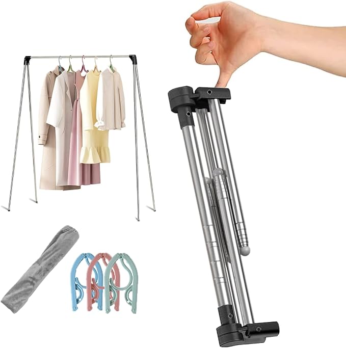 Portable Garment Rack, Folding Clothes Rack Collapsible Clothing Rack for Dance, Travel, Camping, Laundry, Indoor, Outdoor, Drying, RV, Mini Compact Racks Black + 3 Mini Clothes Hangers