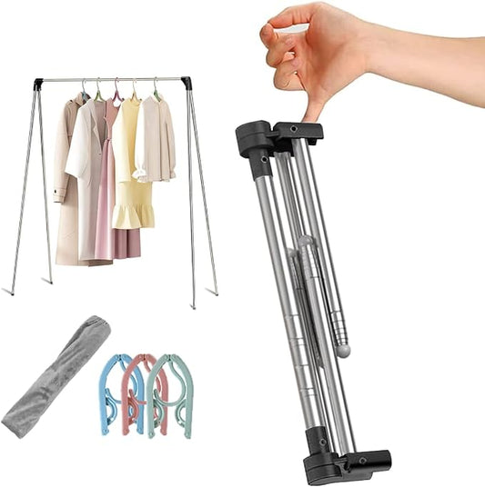 Portable Garment Rack, Folding Clothes Rack Collapsible Clothing Rack for Dance, Travel, Camping, Laundry, Indoor, Outdoor, Drying, RV, Mini Compact Racks Black + 3 Mini Clothes Hangers