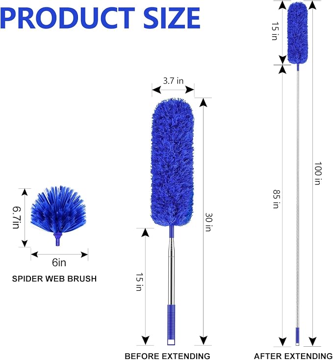 SetSail Dusters and Cobweb Duster with Extension Pole for Cleaning, Blue | 100-inch Extra-Long, Bendable Microfiber Head, Cobweb Brush Washable, Ceiling Fan Cleaner Duster Kit