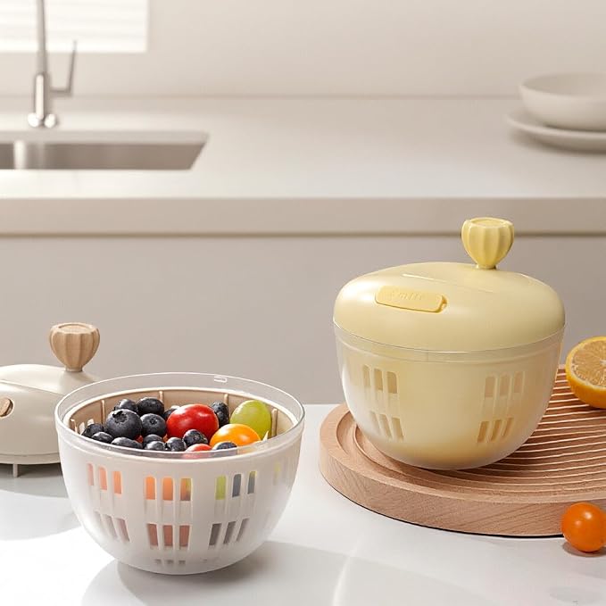 Fruit Washing Bowl with Strainer,Colander for Kitchen,Multi-Functional Vegetable and Food Drainer with Lid And Handle,Portable Fruit Containers for Fridge,BPA Free,Ivory White
