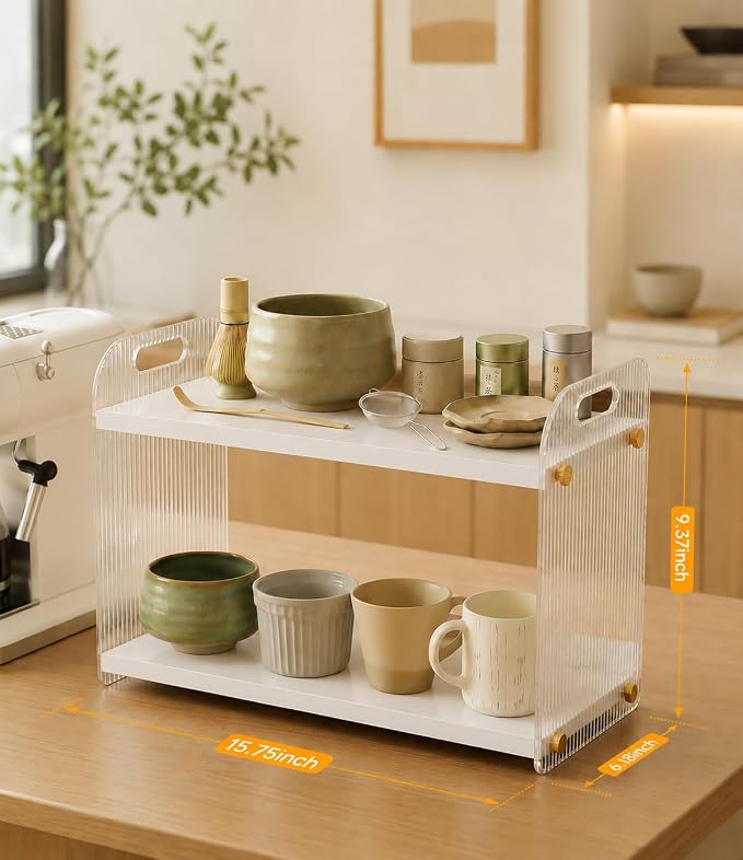 2 Tier Coffee Station Organizer - Acrylic & Pine Wood Matcha Station(White) | 15.75" x6.18" x9.37", Easy-to-Clean coffee bar shelf for Kitchen Countertops, for Placing Mugs, Coffee Beans, Syrup, Cups etc