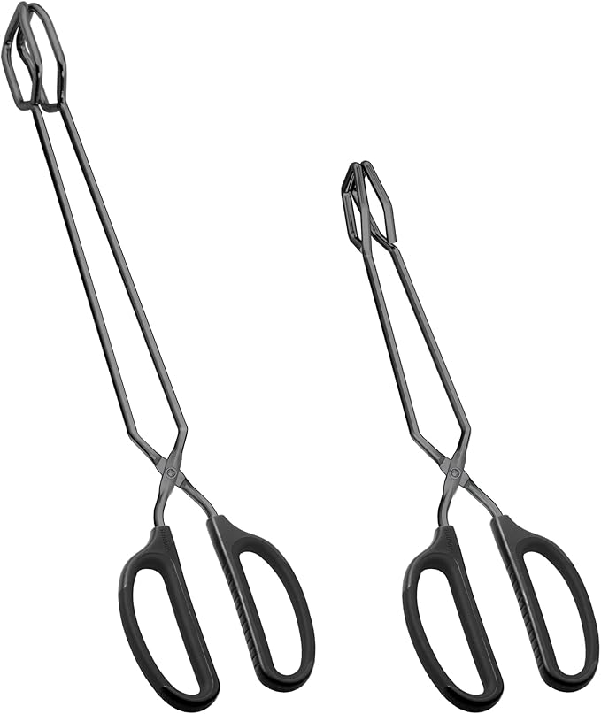 HINMAY Stainless Steel Scissor Tongs 12" and 16" Set, Extra Long Metal Kitchen Tongs for Cooking, Grilling & Serving (Set of 2, Black)