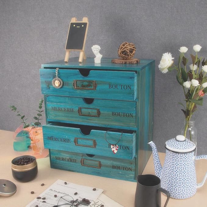 Large Wooden Drawers Wooden Box with Drawer Blue | 4 Drawer Storage Box for Apothecary Cabinet, Apothecary Drawers，Desktop Organizer with Metal Handles for Office，Home