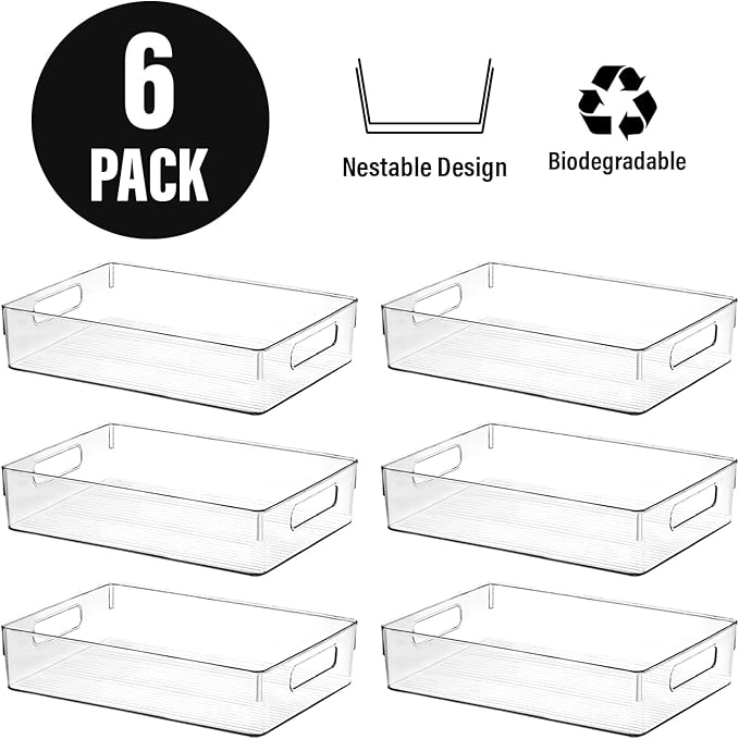 Clear Plastic Storage Bins, Pantry Organizers and Storage or Kitchen Organization and Storage Containers Bins for Organizing, Fridge, Freezer, Bathroom, Pantries, Refrigerator, Cabinet Organizer Bin