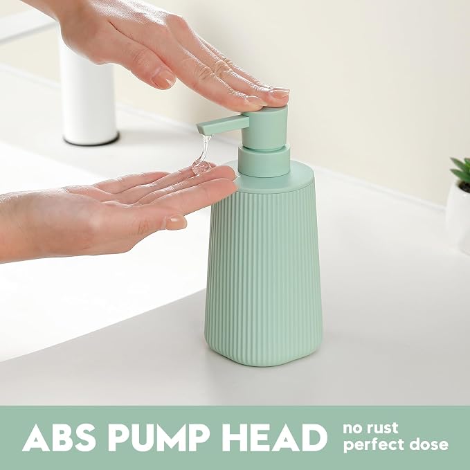YAUKPH Small Soap Dispenser for Bathroom and Kitchen Matte Light Green | Modern Farmhouse Striped Style Plastic Hand Soap Dish Soap Dispenser with Pump