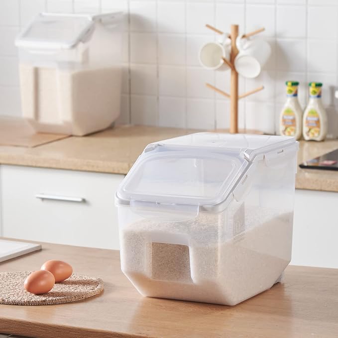 HANAMYA 10 Liter / 20 lbs Rice Storage Container with Measuring Cup, BPA free, For Rice | Grain | Pet Food | Flour, 1 count, Clear