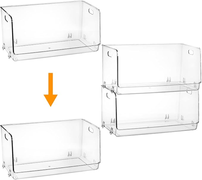 Nicunom 2 Pack Stackable Plastic Storage Bins Open Front, Clear Pantry Organizer Bin Household Food Storage Bin for Kitchen Countertops Cabinet Shelf Fridge