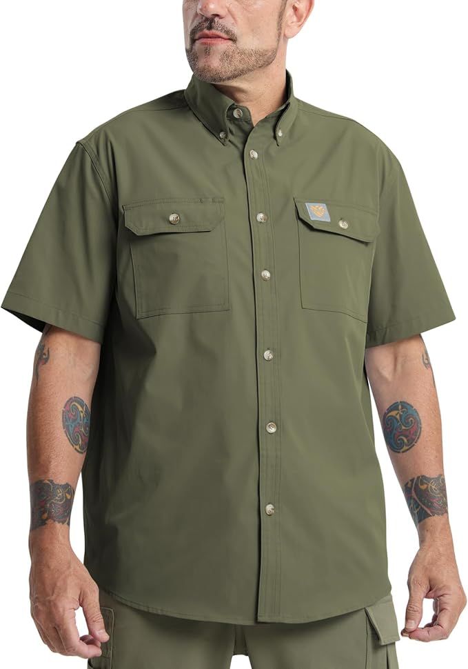 Mens Regular Fit Work Utility Shirt Midweight Short Sleeve Work Wear | Midweight stretch work shirt with reflective trim, 2 secure chest pockets, moisture-wicking comfort, easy-care fabric