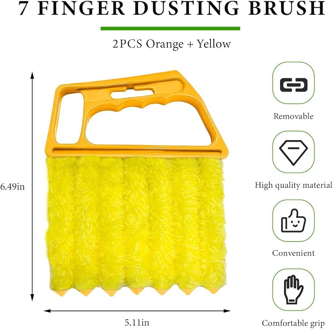 DXNQ 2 PCS Blind Cleaner Duster Tool, Window Venetian Hand-held 7 Finger Dusting Cleaner Brush, Blinds Cleaning Brush Tool for Window Shutters Air Conditioner, Car Accessories (Orange+Yellow)