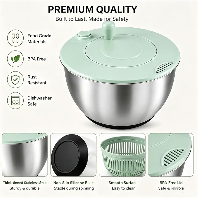 3 in 1 Salad Spinner with Mandoline Slicer, All in One Slicer Bowl, Multifunctional Salad Spinner Small Stainless Steel, Vegetables Wash Bowl, Fruits & Lettuce Dryer with 5 Blade (White)