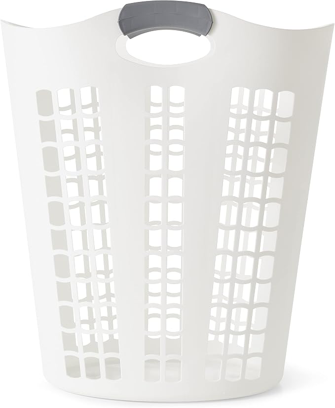 Gracious Living Laundry Basket, Easy Carry Flex Collapsible Hamper, 87.5L | Large Plastic Clothes Storage Organizer for Home, Bathroom, and Bedroom, White