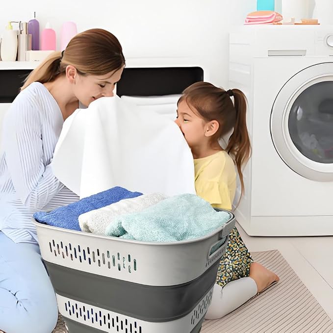 SAMMART 40L (10.5 Gallon) Collapsible Plastic Laundry Basket with Handles - Foldable Pop Up Storage Container/Organizer - Portable Laundry Hamper - Space Saving (2, Grey)