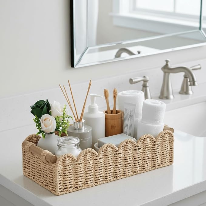 CubesLand Bathroom Basket Organizer, Toilet Tank Paper Storage Baskets 2PK | Scalloped Decorative Basket for Countertop w/Handle, Wicker Basket for Bathroom Decor, Home Decor, Living Room, Beige
