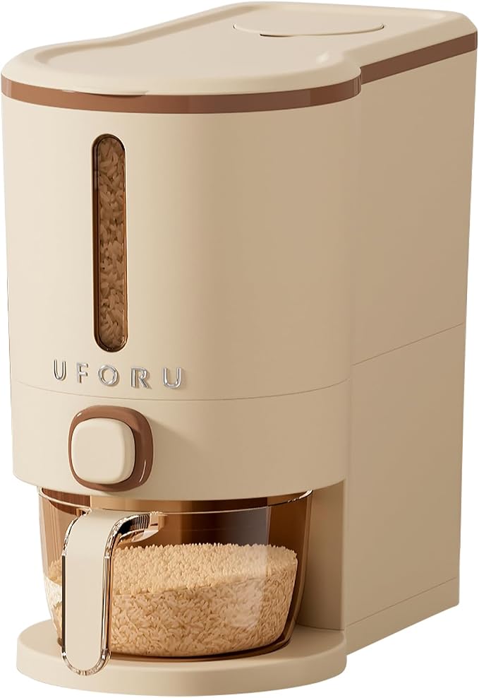 UFORU Rice Dispenser, Rice Storage Container with Measuring Cup for Kitchen Pantry Household, Cereal Dry Food Storage Containers Airtight, Sealed Moisture Proof (Brown 13 Lbs)