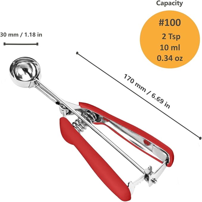 Cookie Scoop, Ice Cream Scoop, 2Tsp/10ml/0.34oz Cookie Scoops for Baking, 18/8 Stainless Steel Cookie Scooper for Baking, Mini Cupcake Scoop, Cookie Dough Scoop with Non-slip Grip (Red)
