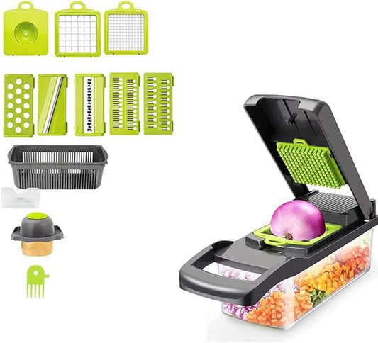Vegetable Chopper with Container, Multifunctional 14-in-1 Food Veggie Chopper Cutter Slicer for Salad Onion Potato Carrot Garlic, Essential Kitchen Gadgets (Gray)