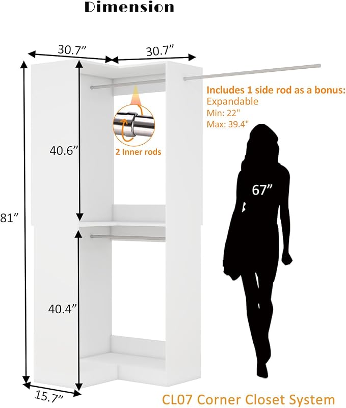 Corner Closet System, 30.7" * 30.7" L Shaped,3 Hanging Rods,White | Custom L Shaped U shaped Storage Organizer,3 Hanging Rods,Walk in Freestanding Unit, Modular with Other Units
