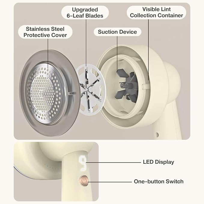 Fabric Shaver Lint Remover Rechargeable, Clothes Shaver Pill Remover with 6-Leaf Blades LED Digital Display 3-Gears Adjustable for Clothing Couch Furniture, Cream White