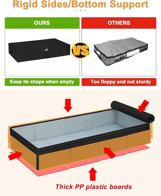 Under Bed Storage Container, 3 Pack Underbed Storage Bags With Lid, Foldable Sturdy Clothes Storage Organizer W/ 3 Handles, Ultra Thick Fabric Blanket Shoe Storage Box, 30x15x6.7inch, Black, 50L | Sturdy Sides and Bottom wieh Ultra-Thick Fabric and 3 H...