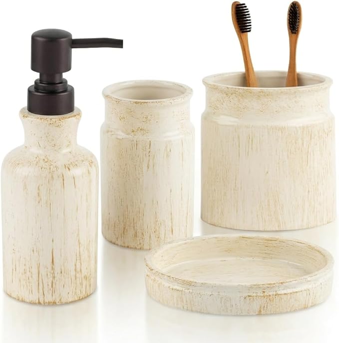 Creative Scents Rustic Luxe Bathroom Accessory Set Complete - 4 Piece Beige Bathroom Soap Dispenser Set has: Lotion Dispenser, Toothbrush Holder, Tumbler & Soap Dish; Modern Farmhouse Bathroom Decor