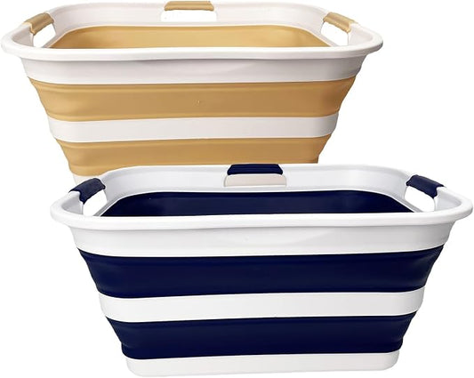 SAMMART 42 (11 Gallons) Collapsible Plastic Laundry Basket, Foldable Pop Up Storage Container/Organizer, Space Saving Hamper, Portable Bin for Dorm Room Bathroom (2, Starry Blue+Beige)