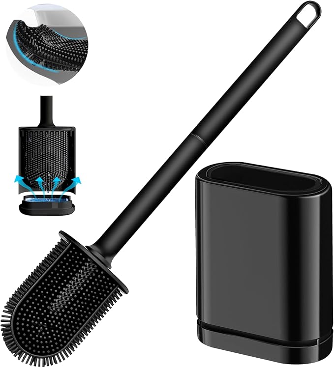Silicone Toilet Brush and Holder Set, Toilet Brushes with Ventilated Holder, Wall Mounted Toilet Bowl Brush with Long Handle Bendable Brush Head, Black Toilet Brush Cleaner for Bathroom RV