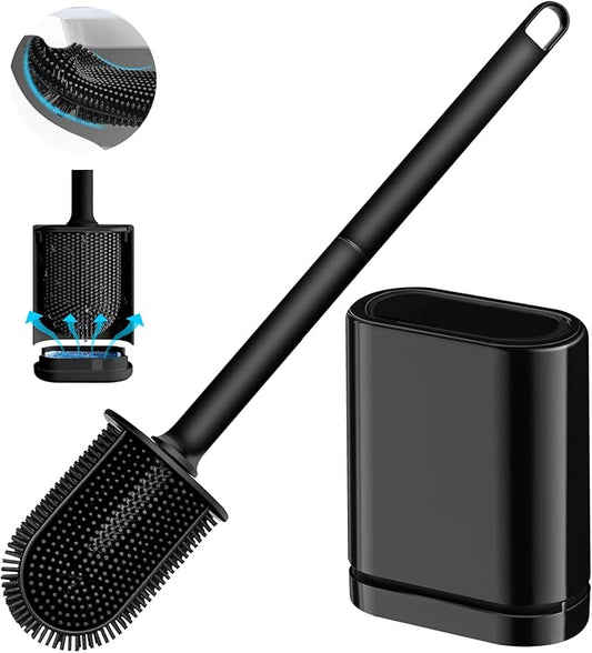 Silicone Toilet Brush and Holder Set, Toilet Brushes with Ventilated Holder, Wall Mounted Toilet Bowl Brush with Long Handle Bendable Brush Head, Black Toilet Brush Cleaner for Bathroom RV