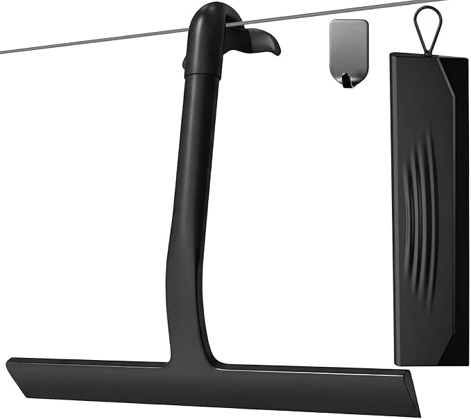 Shower Squeegee for Glass Doors, Bathroom Squeegee Set of 2 (Size 8.3"+9") | Hang Anywhere Silicone Shower Squeegee with Hook Design for Glass, Tile Wall, Mirror, Window, Streak-Free Cleaner Tool,Black