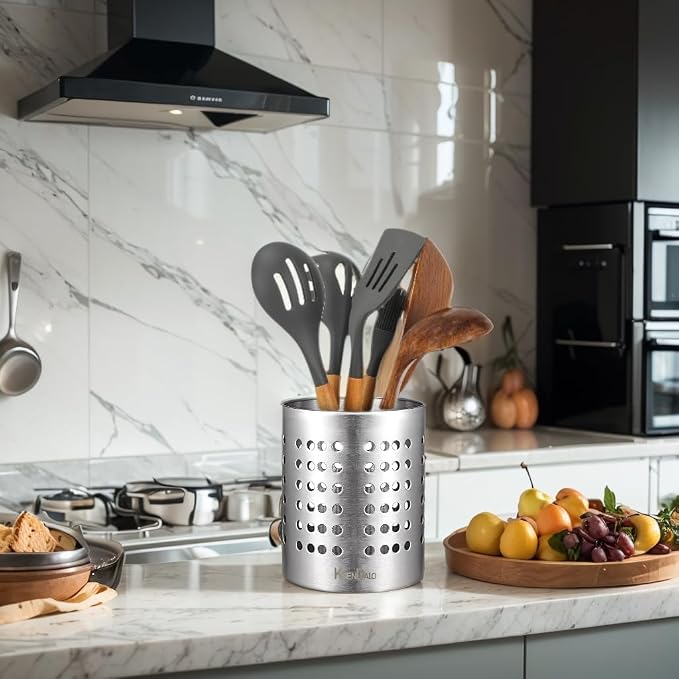 KSENDALO Metal Utensil Holder Set, Small SUS304 Steel Utensil Holder Flatware Silverware Spatulas Utensils Drying Rack for Kitchen Countertop, Kitchen Home Office Organizers ,Silver (3 Pack) | SUS304 Stainless Drying Rack Set for Small Flatwares, Silve...