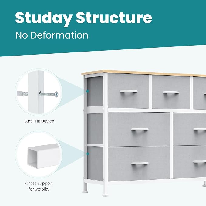 OLIXIS 7 Drawer Closet Organizer, Storage Tower with Sturdy Steel Frame | Dresser for Bedroom, Wooden Top & Easy Pull Fabric Bins, Clothes Organization, Living Room Entryway, Light Gray